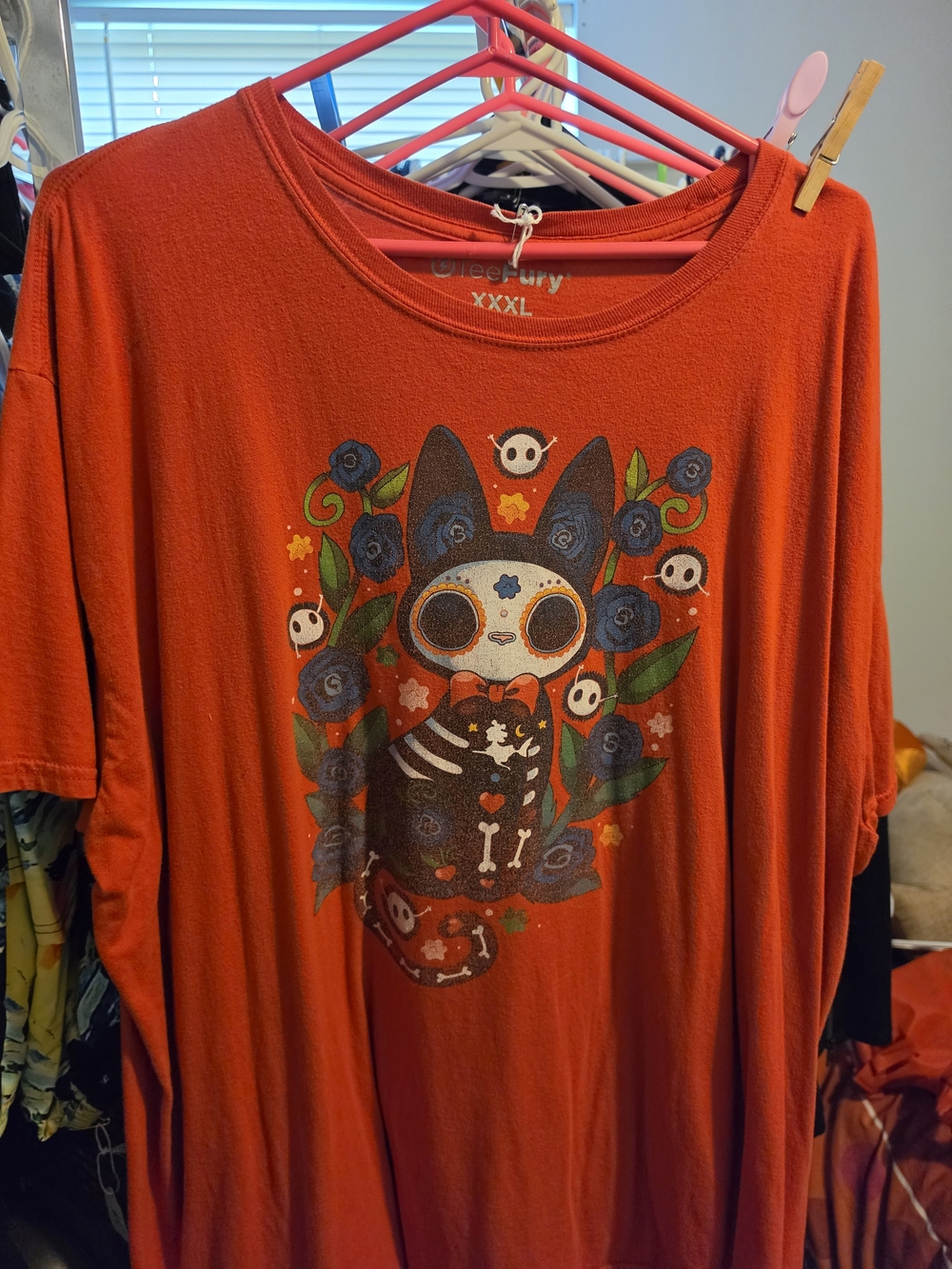Teefury Graphic Tee with Floral Dia de los Muertos Cat